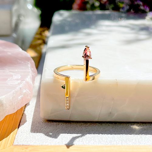 Anel Cristal Turmalina Rosa Reto com Formas Banho de Ouro 18K aro17 (promoção 50%)