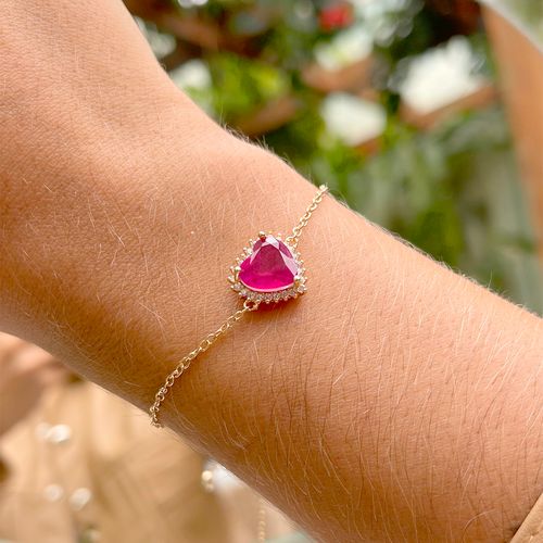 Pulseira fusion turmalina rosa coração cravejado banho de ouro 18k