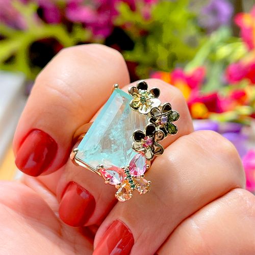 Anel jardim retângulo fusion turmalina light banho de ouro 18k aro 17 (promoção 50%)