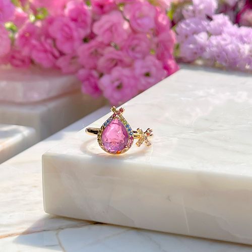 Anel Gota Fusion Ametista com Cravação em Garras Banho de Ouro 18K aro 16