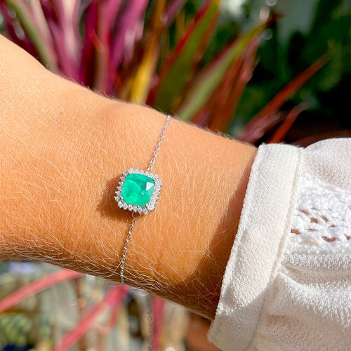 Pulseira fusion esmeralda quadrado cravação garras prata 925 regulavel