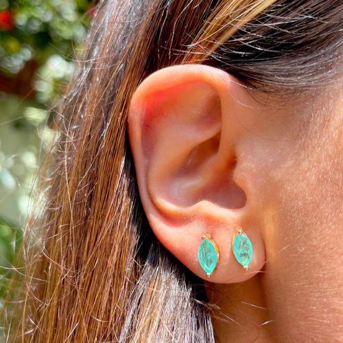 Brinco Fusion Turmalina Navete Cravação em Garras Banho de Ouro 18K