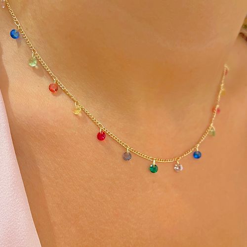 Colar Cristal Ametista Pedrinhas Banho de Ouro 18K 46cm