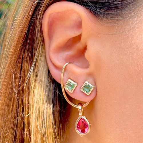 Brinco ear cuff cristal turmalina rosa cravação meia-inglesa banho de ouro 18k
