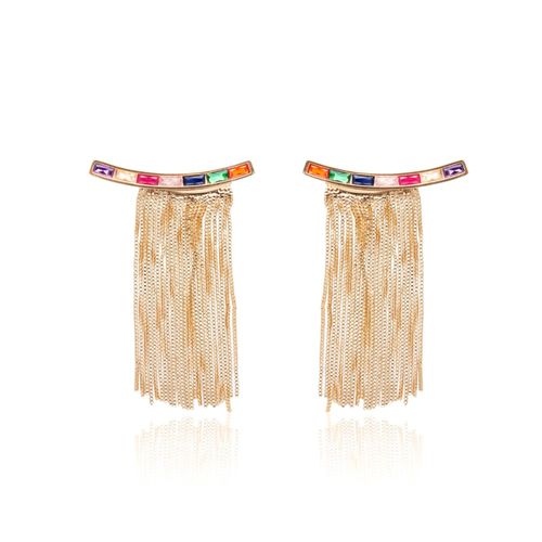 Brinco Cristal Podange Retângulos com Franja Banho de Ouro 18K
