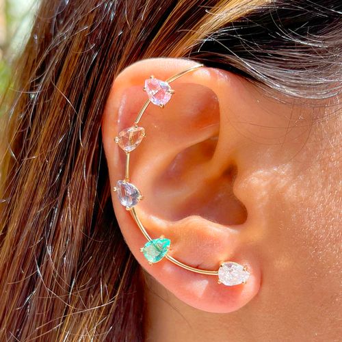 Brinco Ear Cuff Gotas Cristal Quartzo Rosa Cravadas em Garras Banho de Ouro 18K