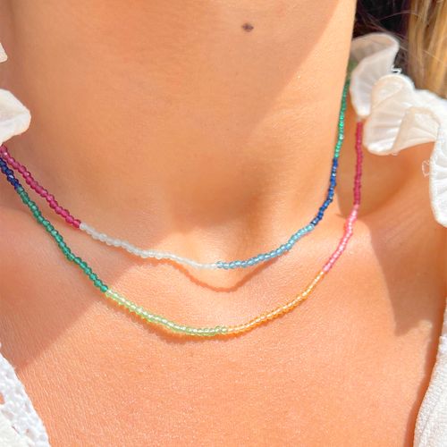 Colar Cristal Safira Fio Colorido Banho de Ouro 18K 95 cm