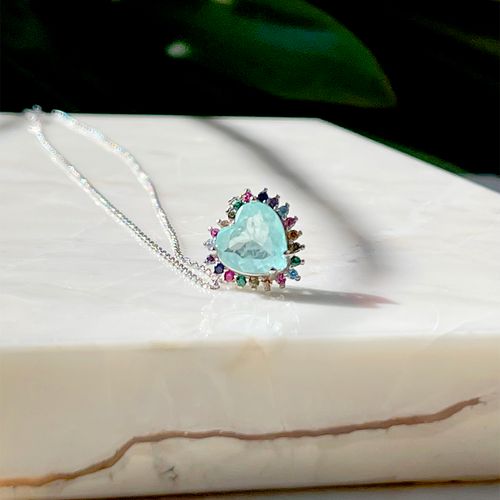 Colar fusion turmalina light zirconia colorida coração cravação de garras 6x6 50cm