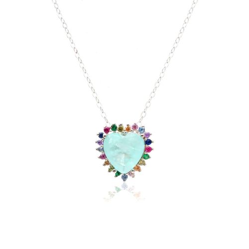 Colar fusion turmalina light zirconia colorida coração cravação de garras 6x6 50cm