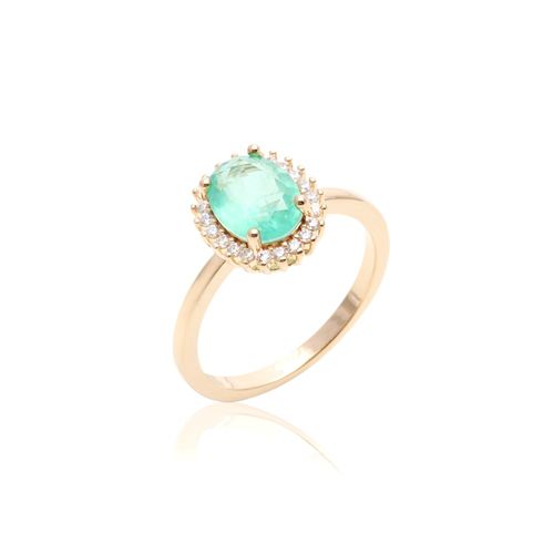 Anel Oval Fusion Esmeralda Colombiana Cravejado em Garras Banho de Ouro 18K aro 19