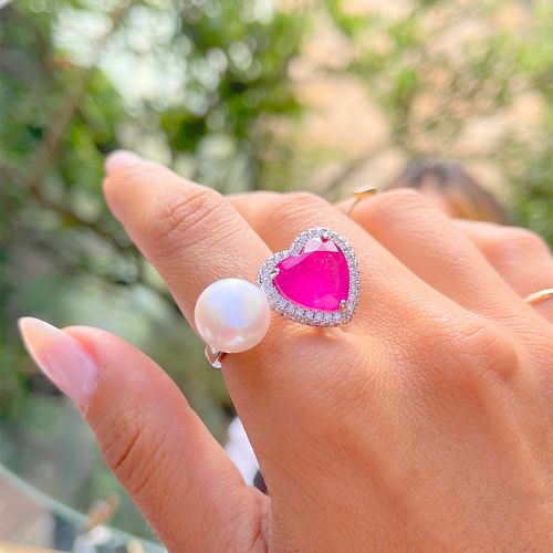 Anel coração fusion turmalina rosa banho de ródio branco