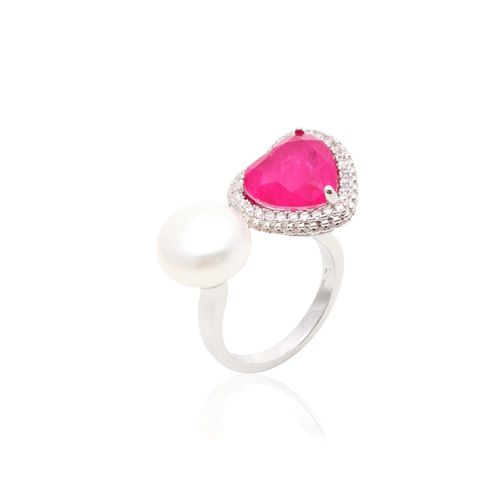 Anel coração fusion turmalina rosa banho de ródio branco