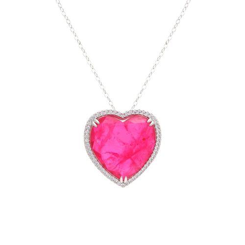 Colar coração grande fusion turmalina rosa zircônia branca 50 cm banho de ródio branco
