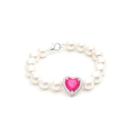 Pulseira coração fusion turmalina rosa pérola shell 17 cm banho de ródio branco