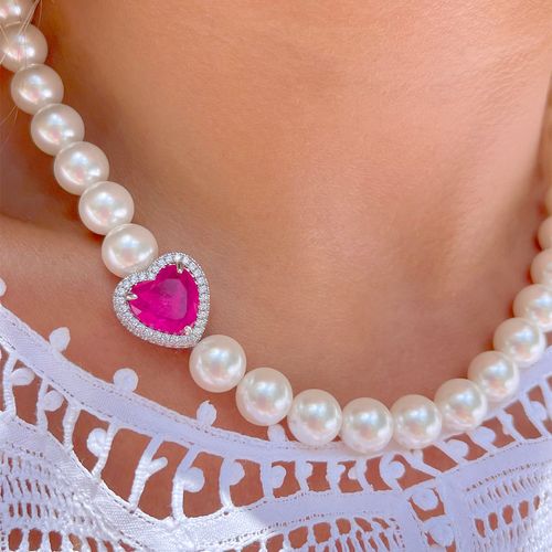 Colar coração fusion turmalina rosa pérola shell 43 cm banho de ródio branco