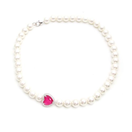 Colar coração fusion turmalina rosa pérola shell 43 cm banho de ródio branco