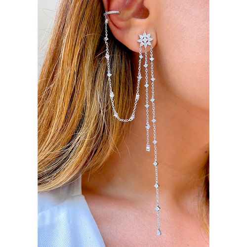 Brinco ear chain flor banho de ródio branco