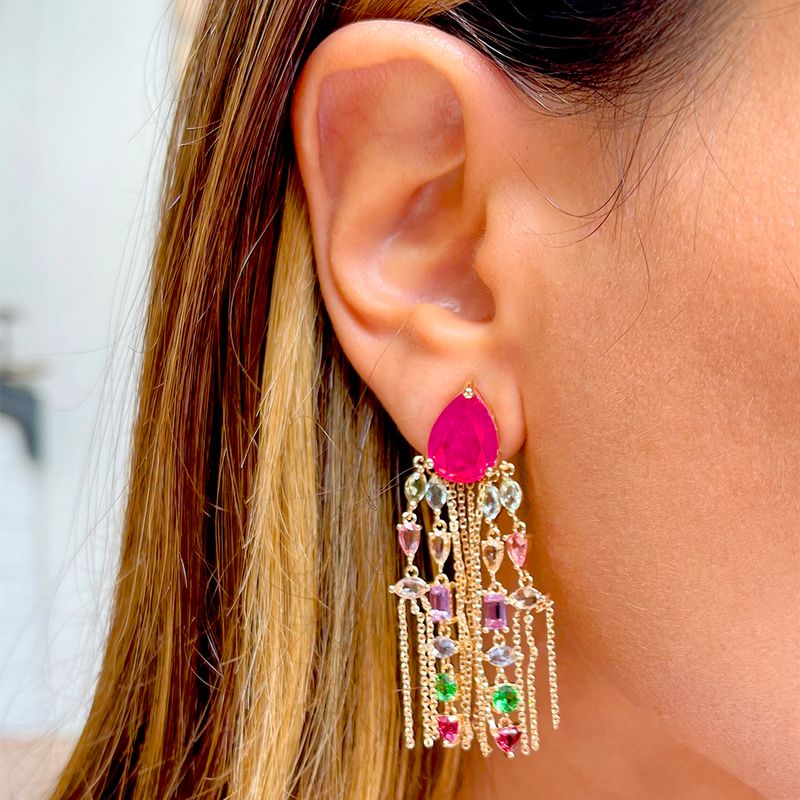Brinco-gota-franja-cravejada-fusion-turmalina-rosa-banho-de-ouro-18k