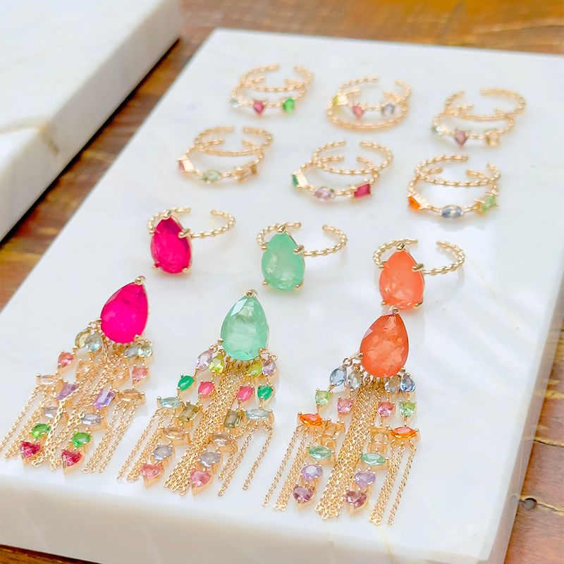 Brinco-gota-franja-cravejada-fusion-turmalina-rosa-banho-de-ouro-18k