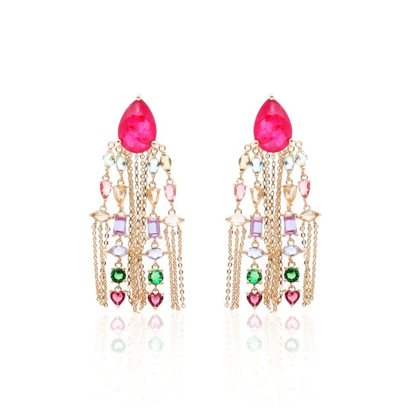 Brinco-gota-franja-cravejada-fusion-turmalina-rosa-banho-de-ouro-18k