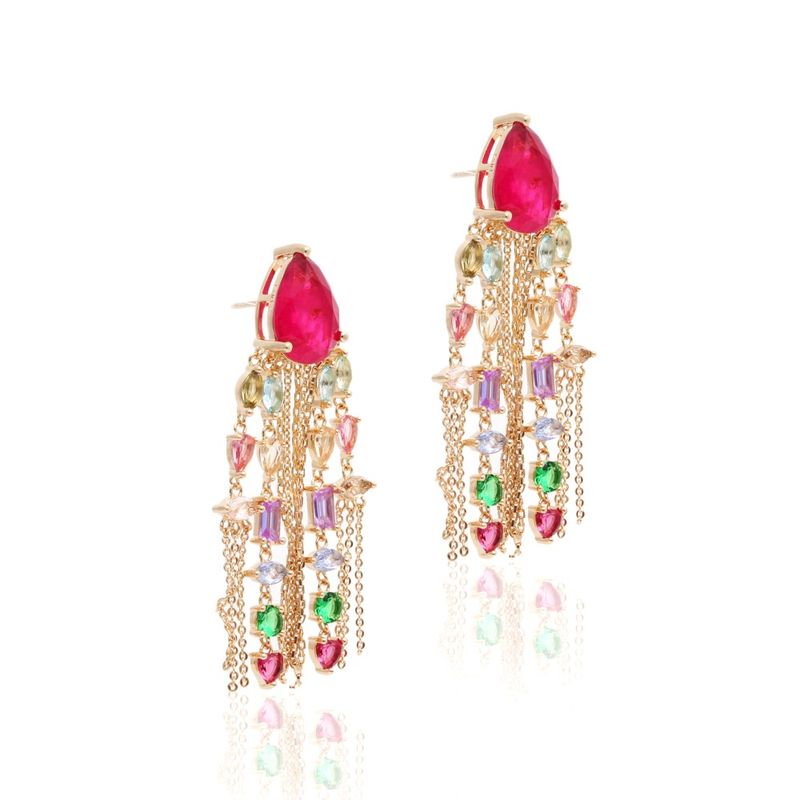 Brinco-gota-franja-cravejada-fusion-turmalina-rosa-banho-de-ouro-18k