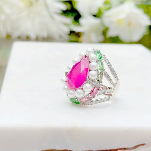 Anel gota pérola shell fusion turmalina rosa banho de ródio branco