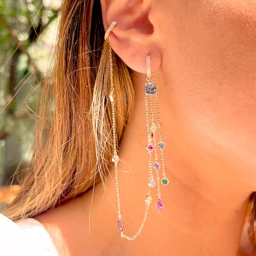 Brinco ear chain cristal london blue formas banho de ouro 18k