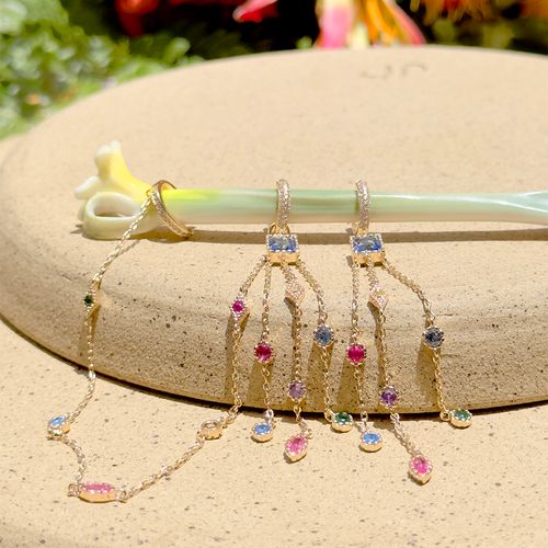 Brinco ear chain cristal london blue formas banho de ouro 18k