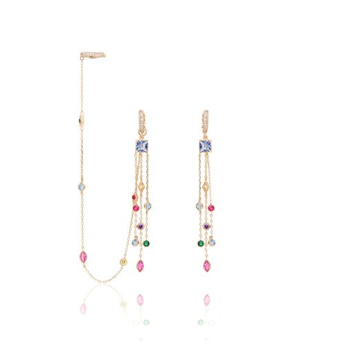 Brinco ear chain cristal london blue formas banho de ouro 18k