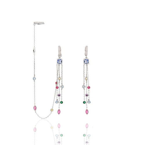 Brinco ear chain cristal tanzanita banho de ródio branco