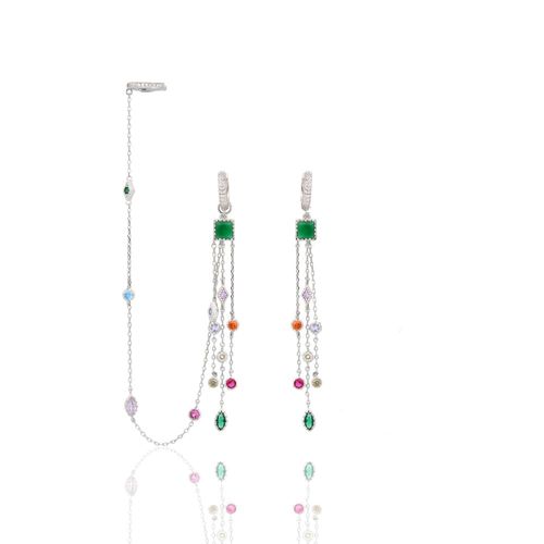 Brinco ear chain formas cristal podange banho de ródio branco