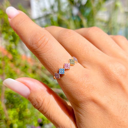 Anel balões zircônia colorida banho de ouro 18k