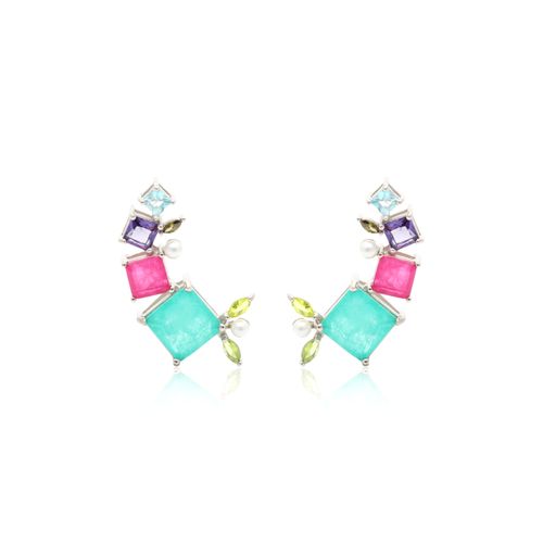Brinco ear cuff quadrados fusion turmalina rosa prata 925