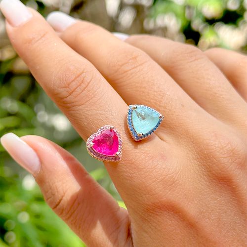 Anel cravejado coração triângulo fusion turmalina rosa banho de ouro 18k  (promoção 50%)