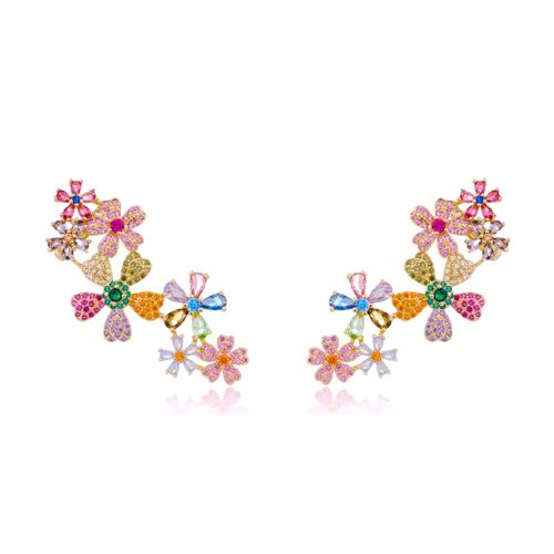 Brinco ear cuff flores cristal opala banho de ouro 18k