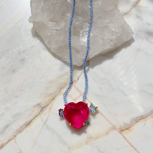 Colar hand made coração fusion turmalina rosa fio cristal topázio azul 50 cm banho de ouro 18k