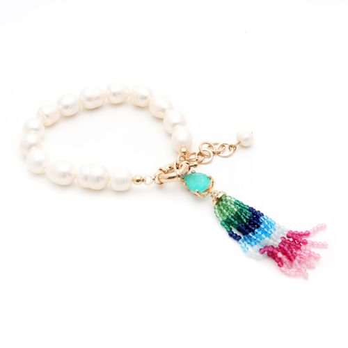 Pulseira franja fusion turmalina pérola barroca 23cm banho de ouro 18k