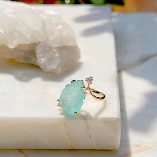 Anel gota de fusion turmalina light ponto de zircônia branca banho de ouro 18k