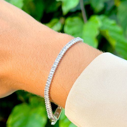 Pulseira riviera zircônia branca baguete 16,5cm 17,5 cm banho de ródio branco