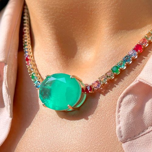 Colar riviera fusion esmeralda oval banho de ouro 18k
