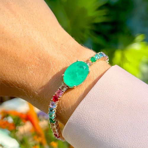 Pulseira cravejada fusion esmeralda oval 18 cm banho de ouro 18k