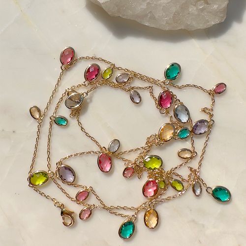 Colar ovais cristal peridoto 80 cm banho de ouro 18k