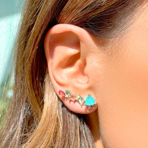 Brinco ear cuff triângulo fusion turmalina banho de ouro 18k