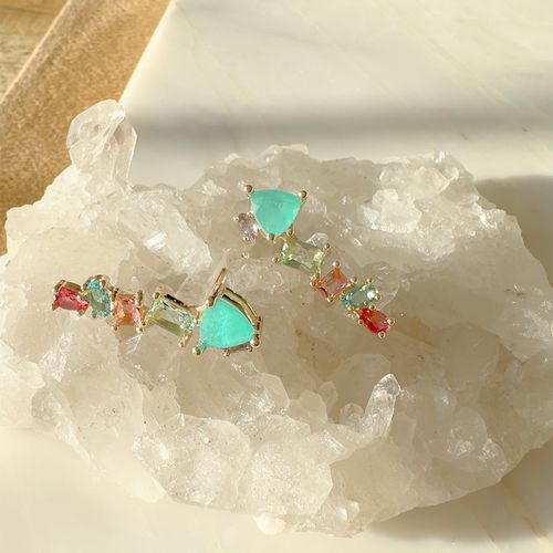 Brinco ear cuff triângulo fusion turmalina banho de ouro 18k