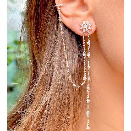 Brinco ear chain zircônias brancas gotas banho de ouro 18k