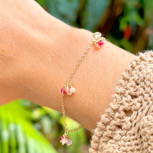 Pulseira de pedra natual olho de gato cor coral cristal rubi 19 cm banho de ouro 18k nano gold