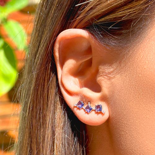 Brinco quadrados cristal ametista banho de ouro 18k