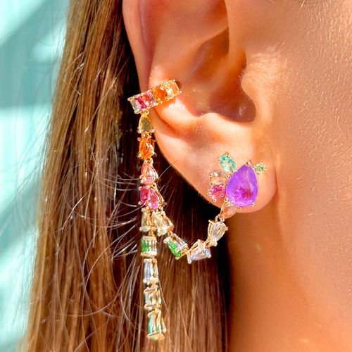 Brinco ear chain fusion ametista 17cm banho de ouro 18k nano gold (promoção 50%)