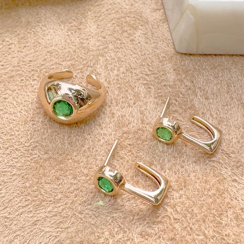 Brinco meia-argola cristal esmeralda banho de ouro 18k nano gold