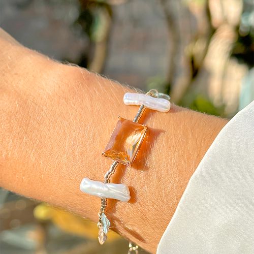Pulseira retângulo cristal morganita pérola barroca cacho 20cm banho de ouro 18k